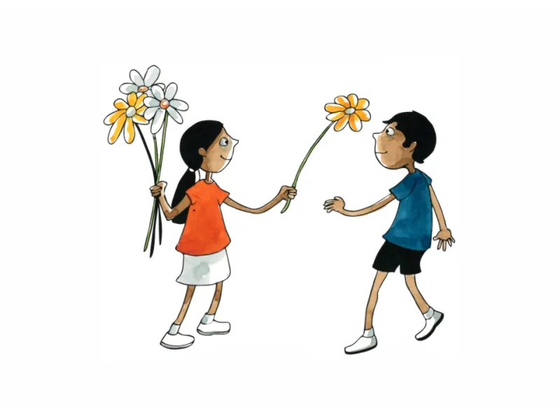 Two children exchanging flowers