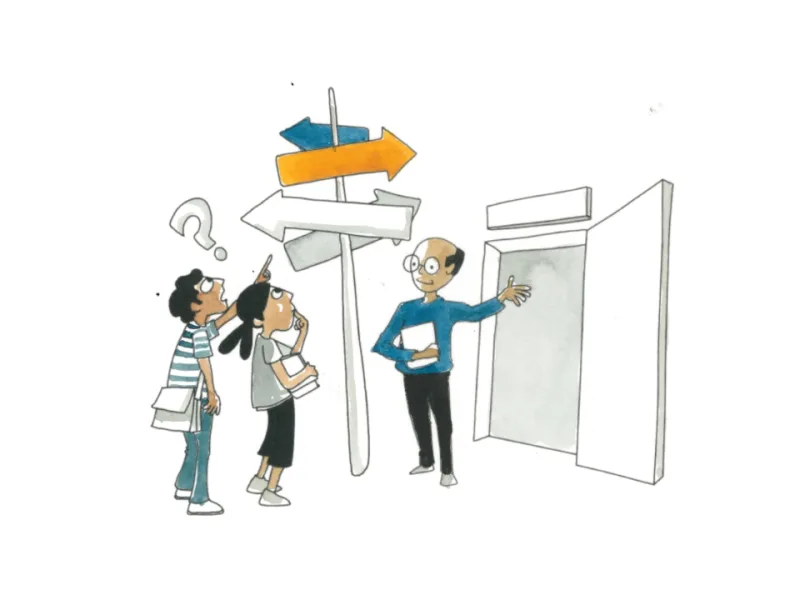 Learners choosing paths at a signpost