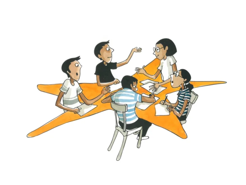 Children gathered around a large yellow star
