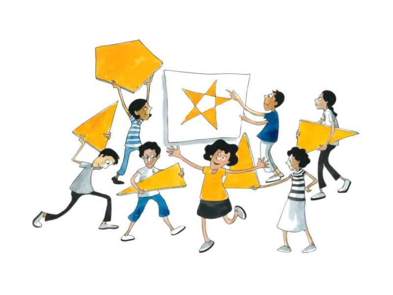 Children carrying an illustrated star together